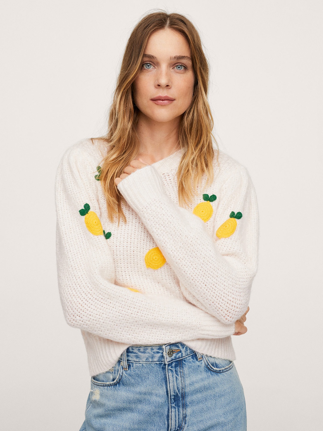 

MANGO Women White & Yellow Self-Design Pullover