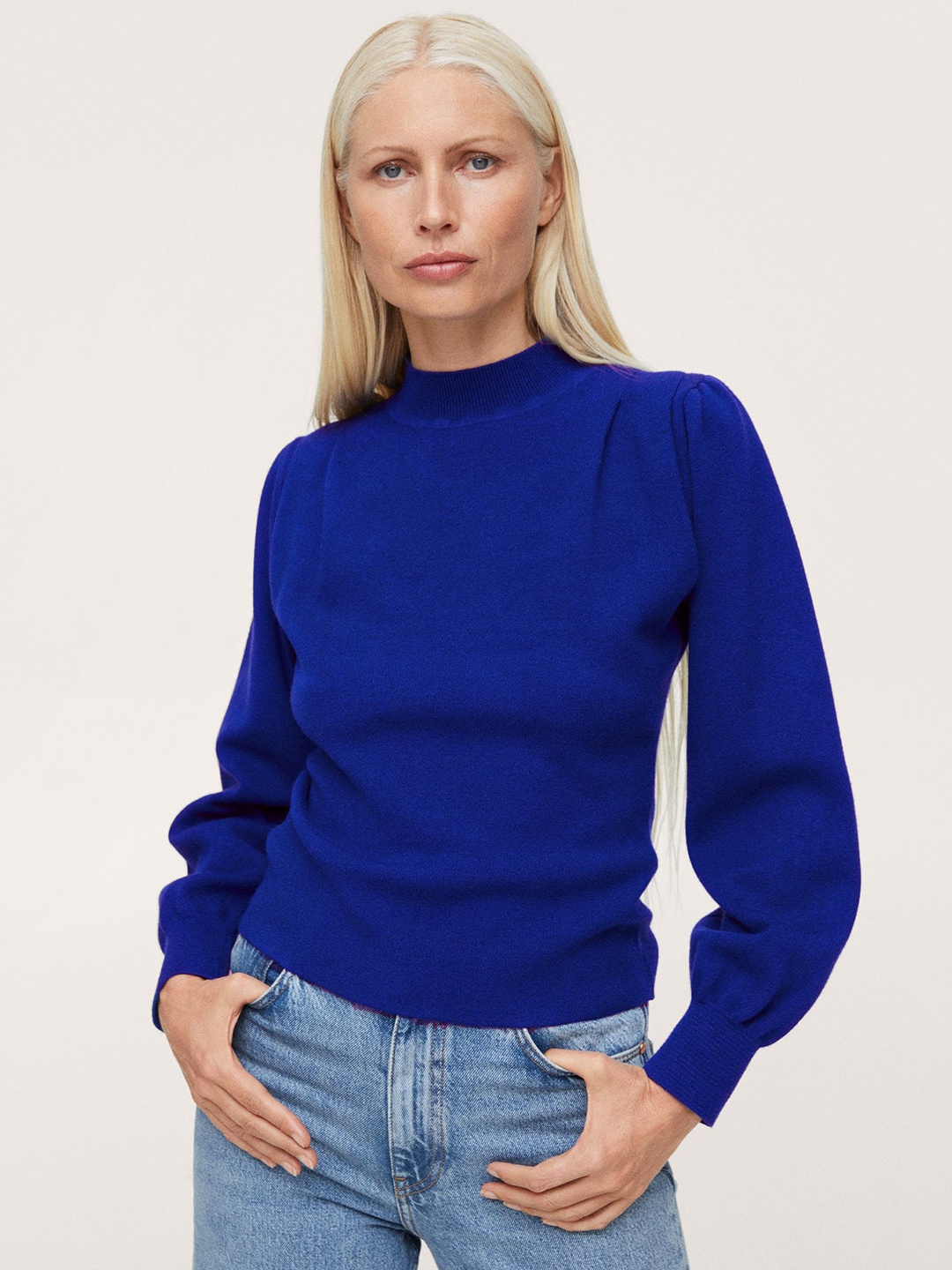 

MANGO Women Blue Solid Turtle Neck Pullover