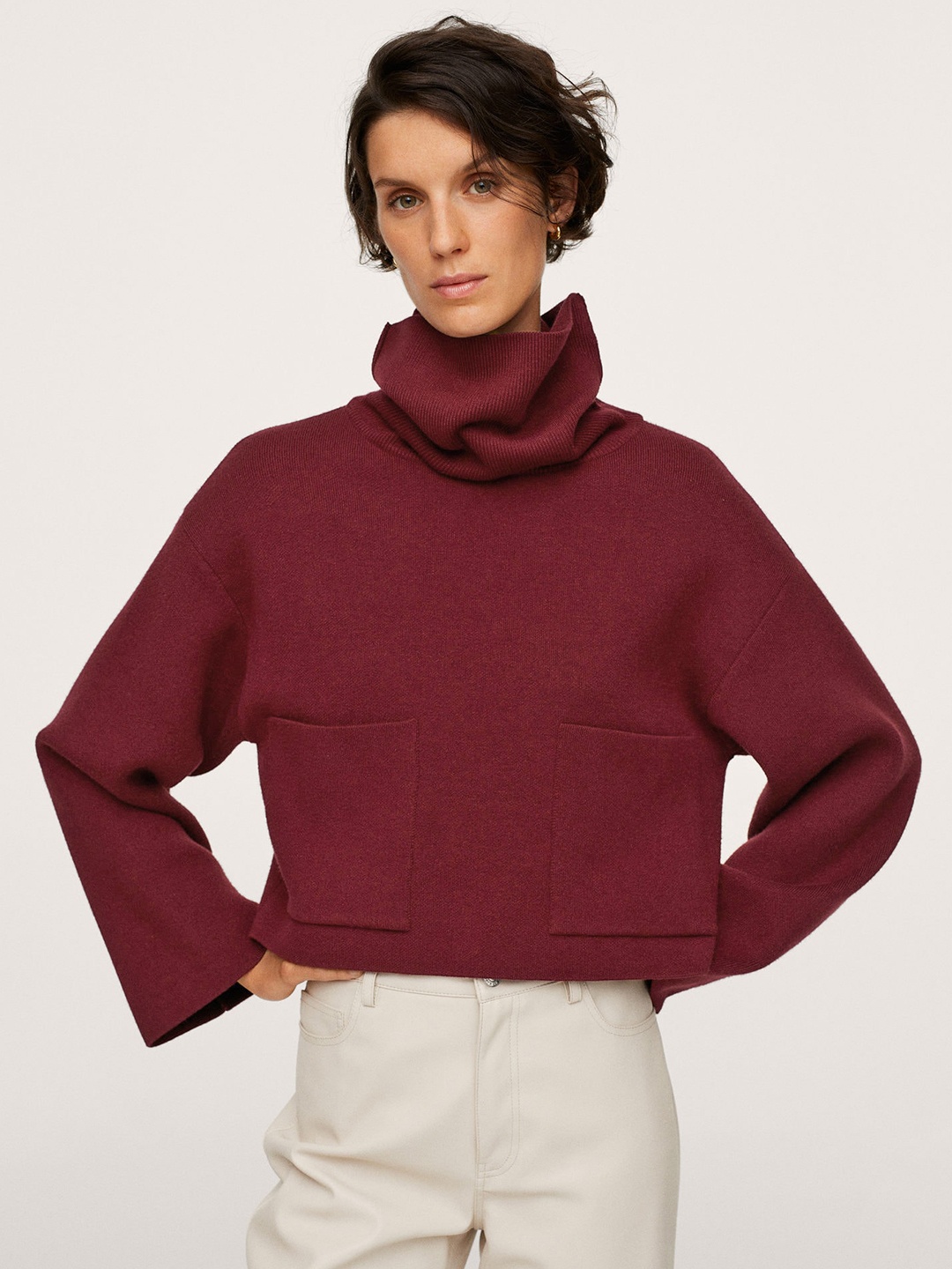 

MANGO Women Maroon Solid Turtle Neck Pullover