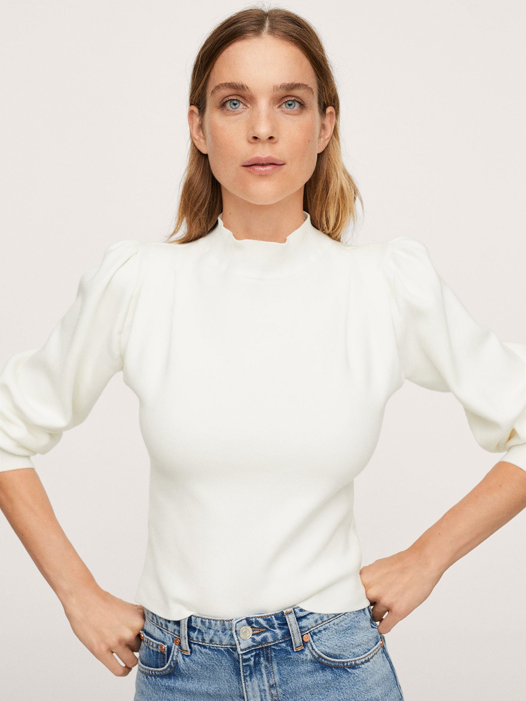 

MANGO Women White Solid Turtle Neck Pullover