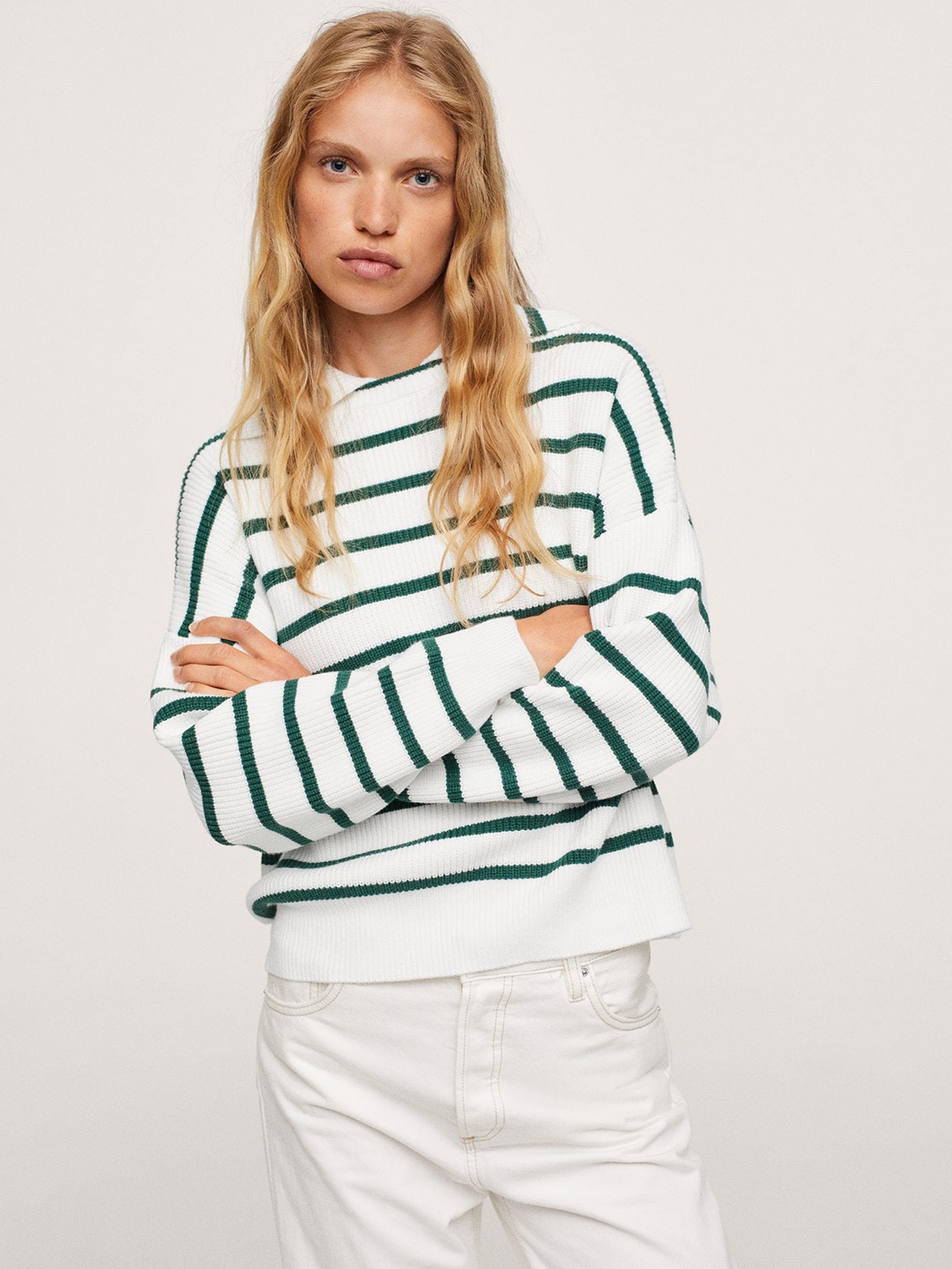 

MANGO Women White & Green Striped Pullover