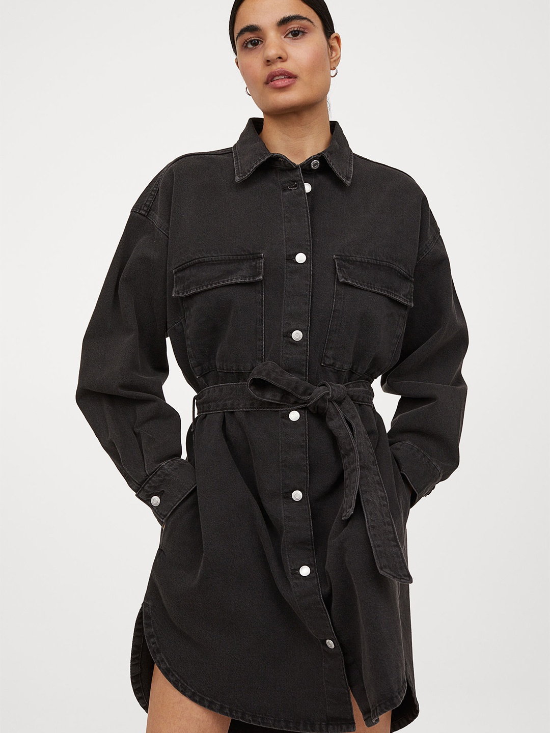 

H&M Women Black Solid Denim Shirt Dress