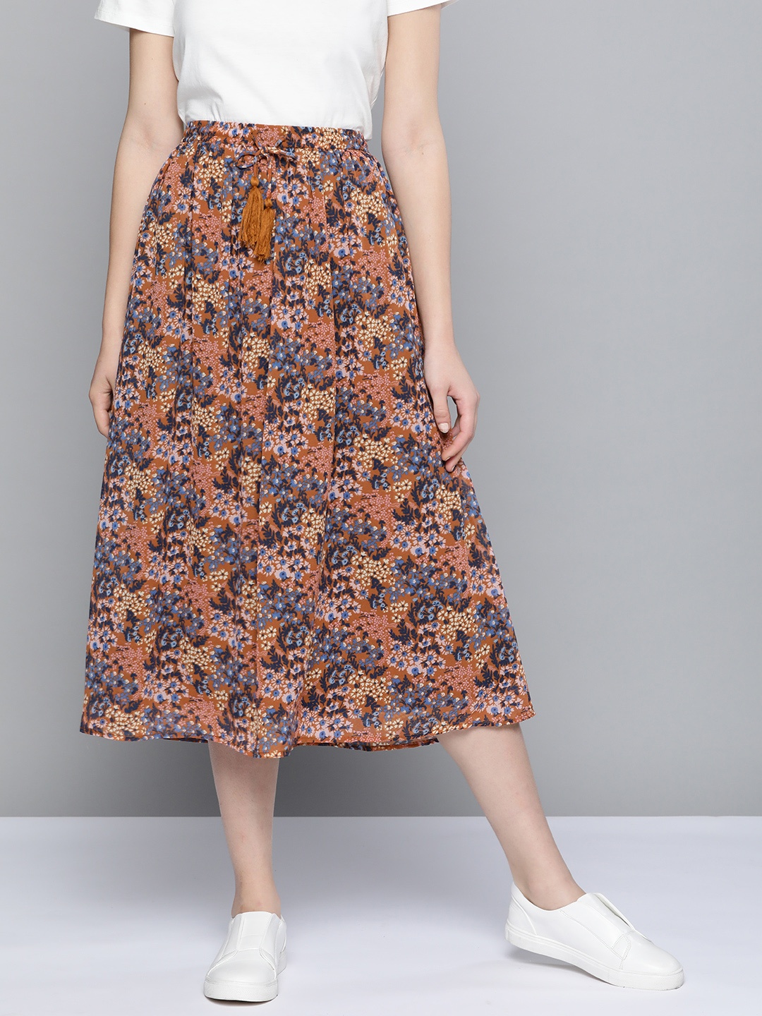 

Mast & Harbour Women Brown & Blue Floral Print A-line Midi Skirt