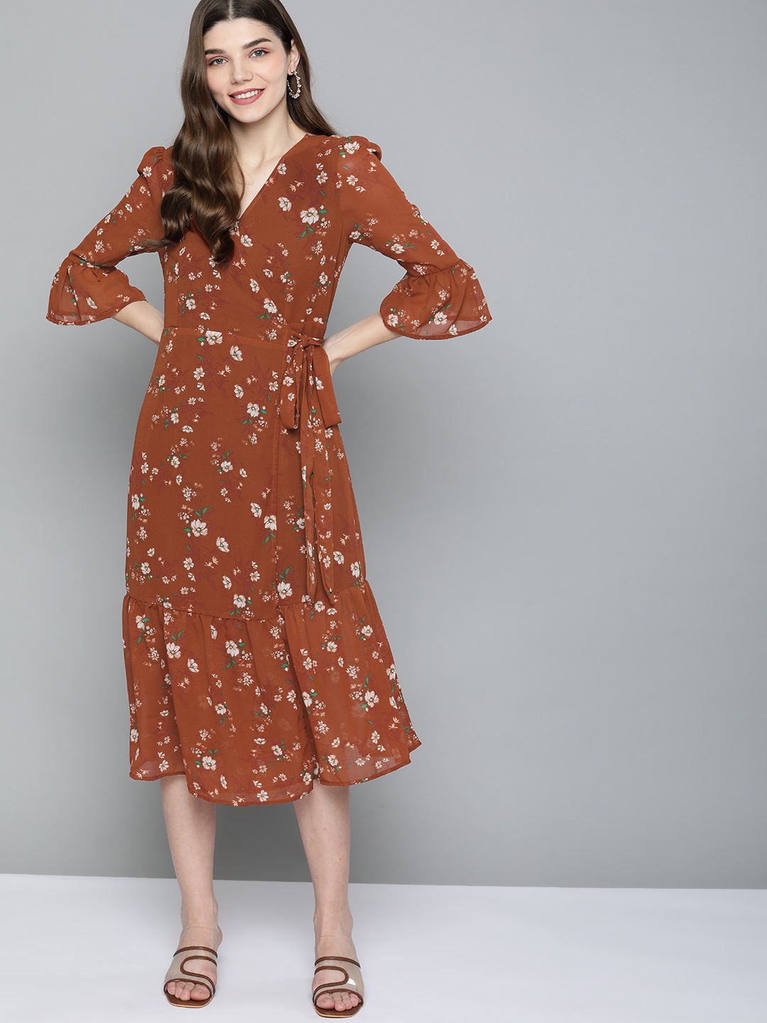 

Mast & Harbour Women Brown & White Floral Midi Wrap Dress