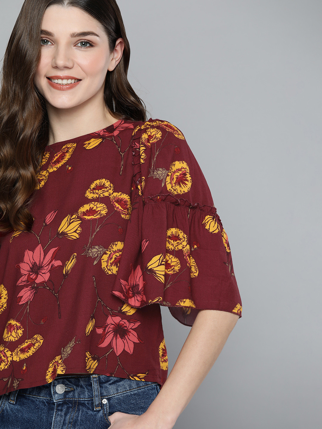 

Mast & Harbour Maroon & Mustard Yellow Floral Print Top
