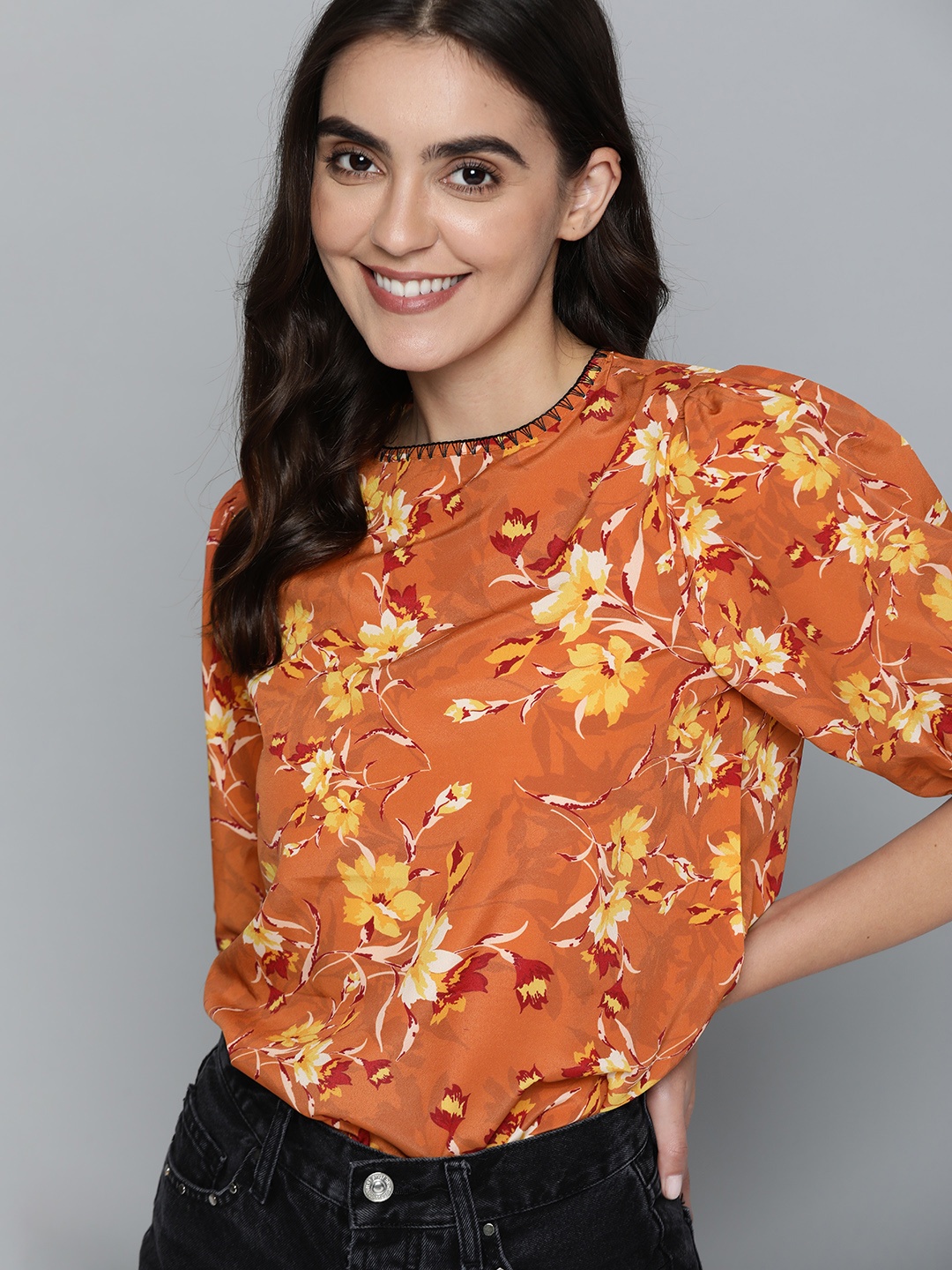 

Mast & Harbour Women Mustard Brown & Yellow Floral Print Top