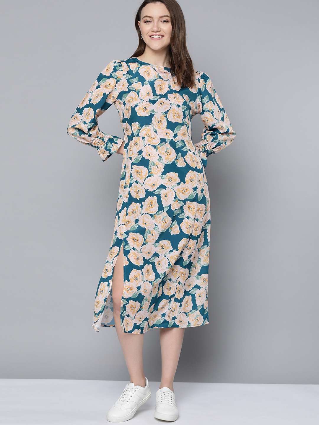 

Mast & Harbour Teal Blue & Yellow Floral Print A-Line Midi Dress with Front Slit