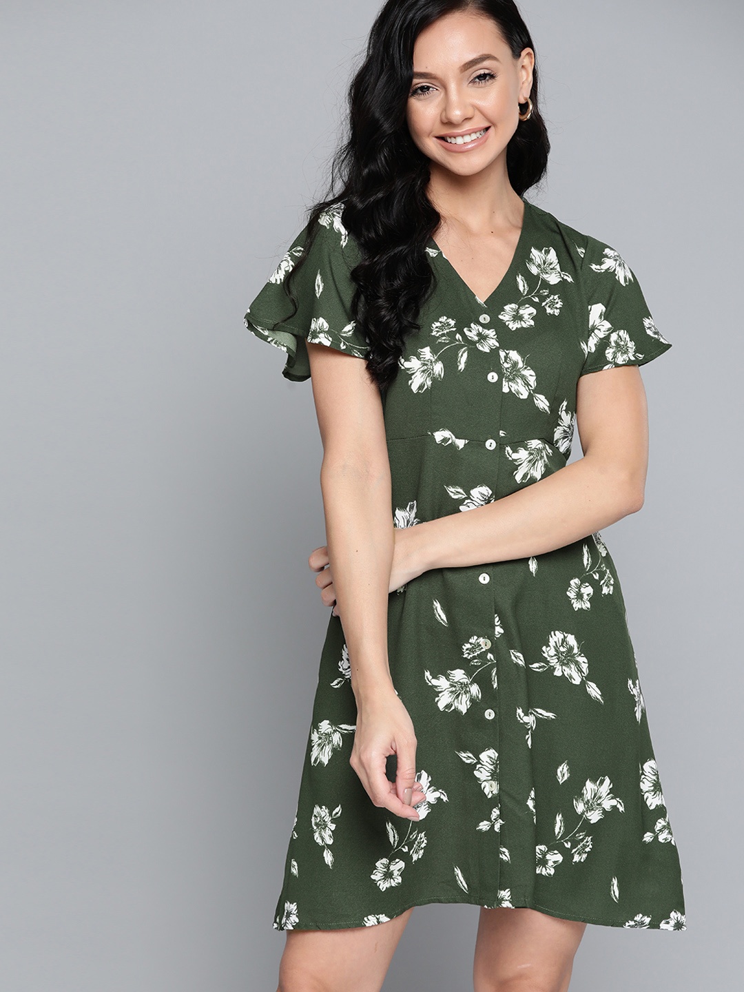 

Mast & Harbour Olive Green & White Floral Printed Fit & Flare Dress