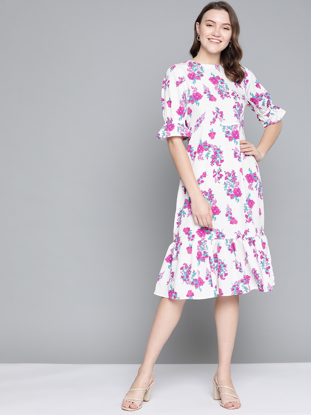 

Mast & Harbour White & Purple Floral Printed Midi A-Line Dress