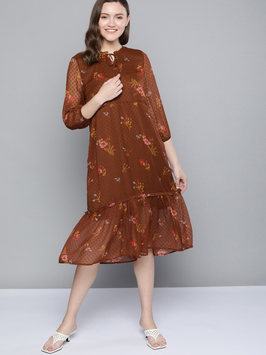 

Mast & Harbour Brown & Mustard Yellow Floral Tie-Up Neck A-Line Midi Dress