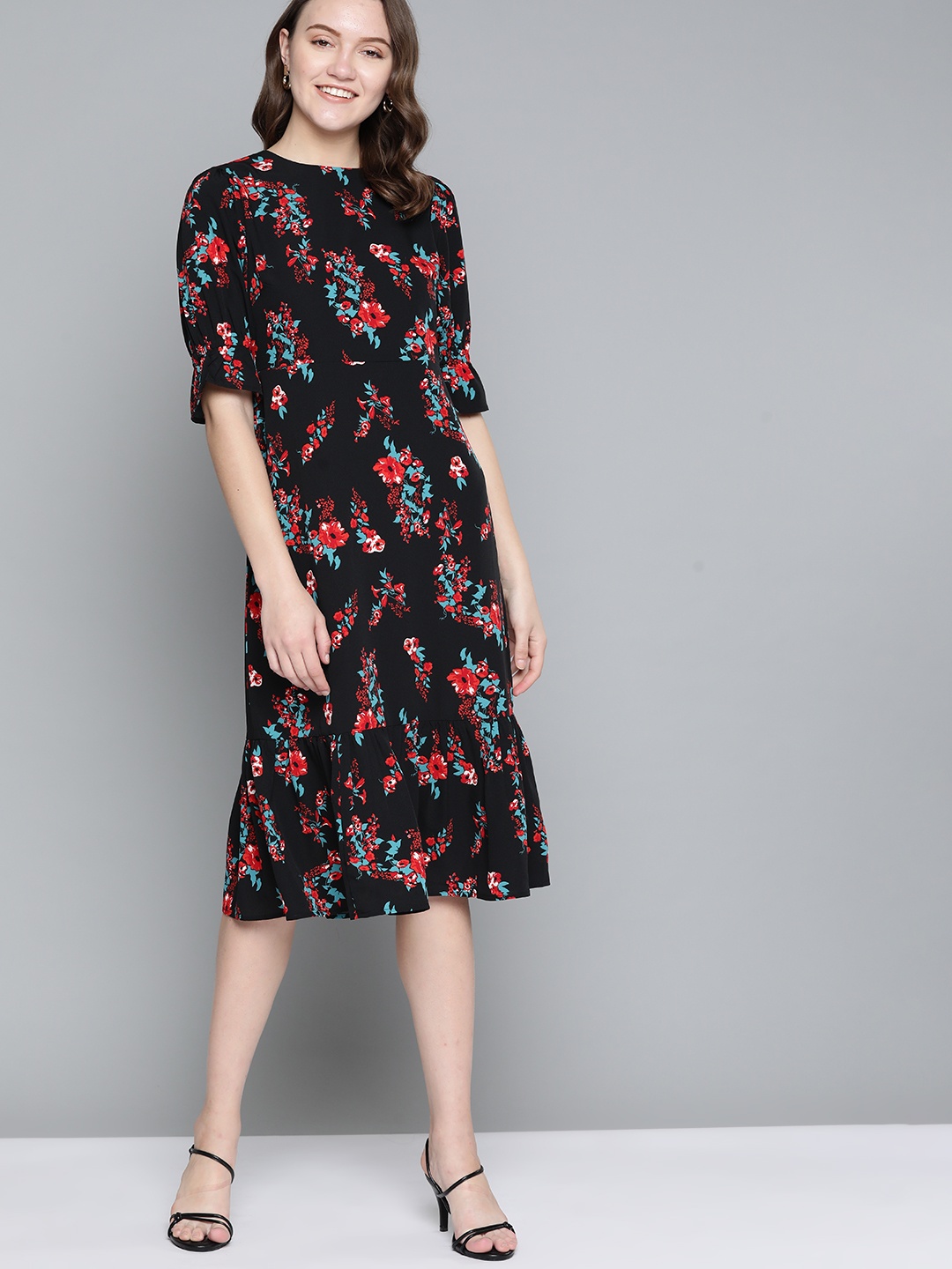 

Mast & Harbour Black & Red Floral Printed Midi A-Line Dress