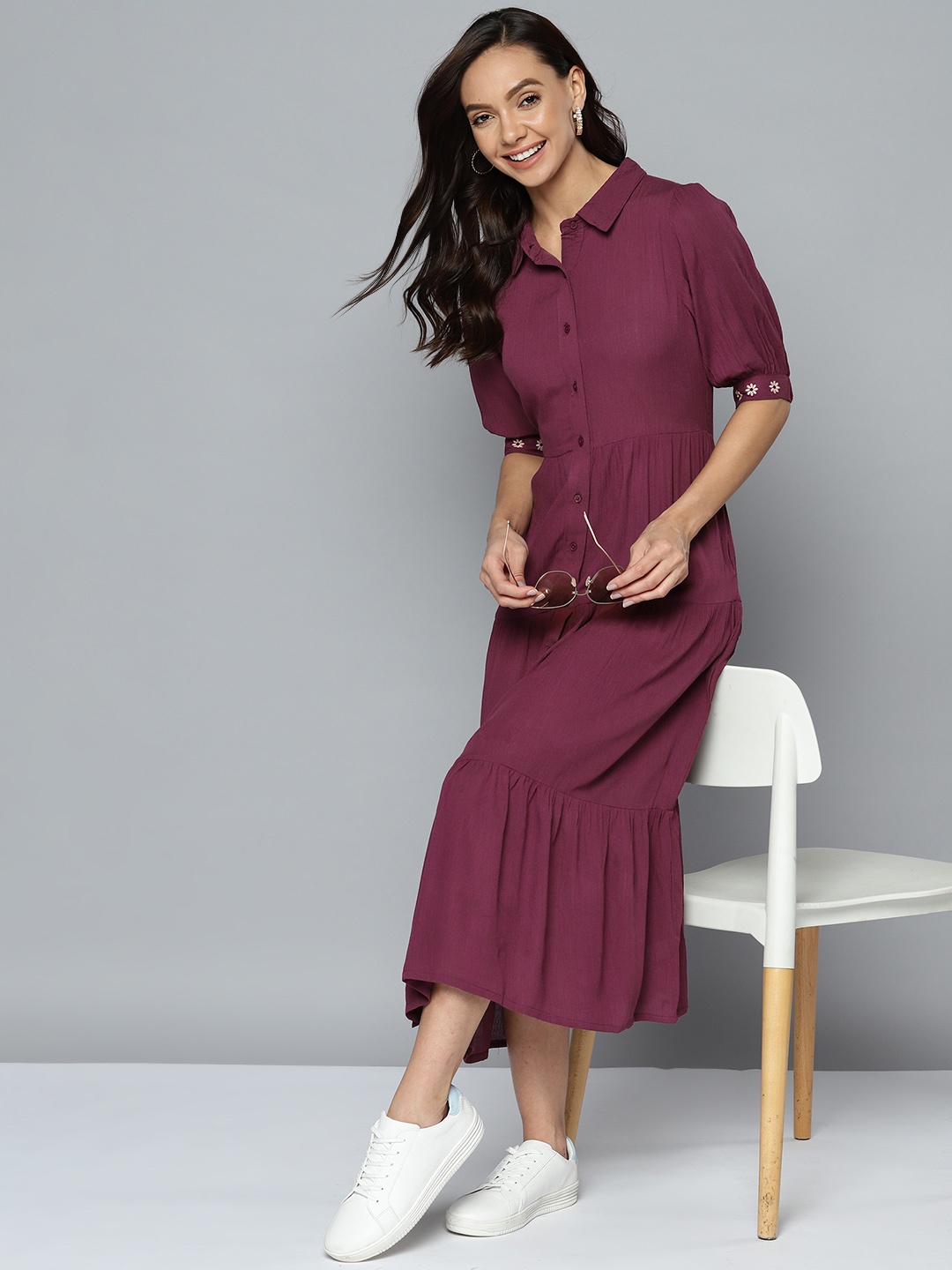 

Mast & Harbour Burgundy Solid Tiered Shirt Dress