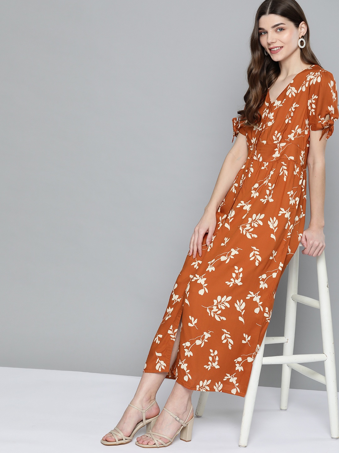 

Mast & Harbour Women Rust Orange & Beige Floral A-Line Midi Dress