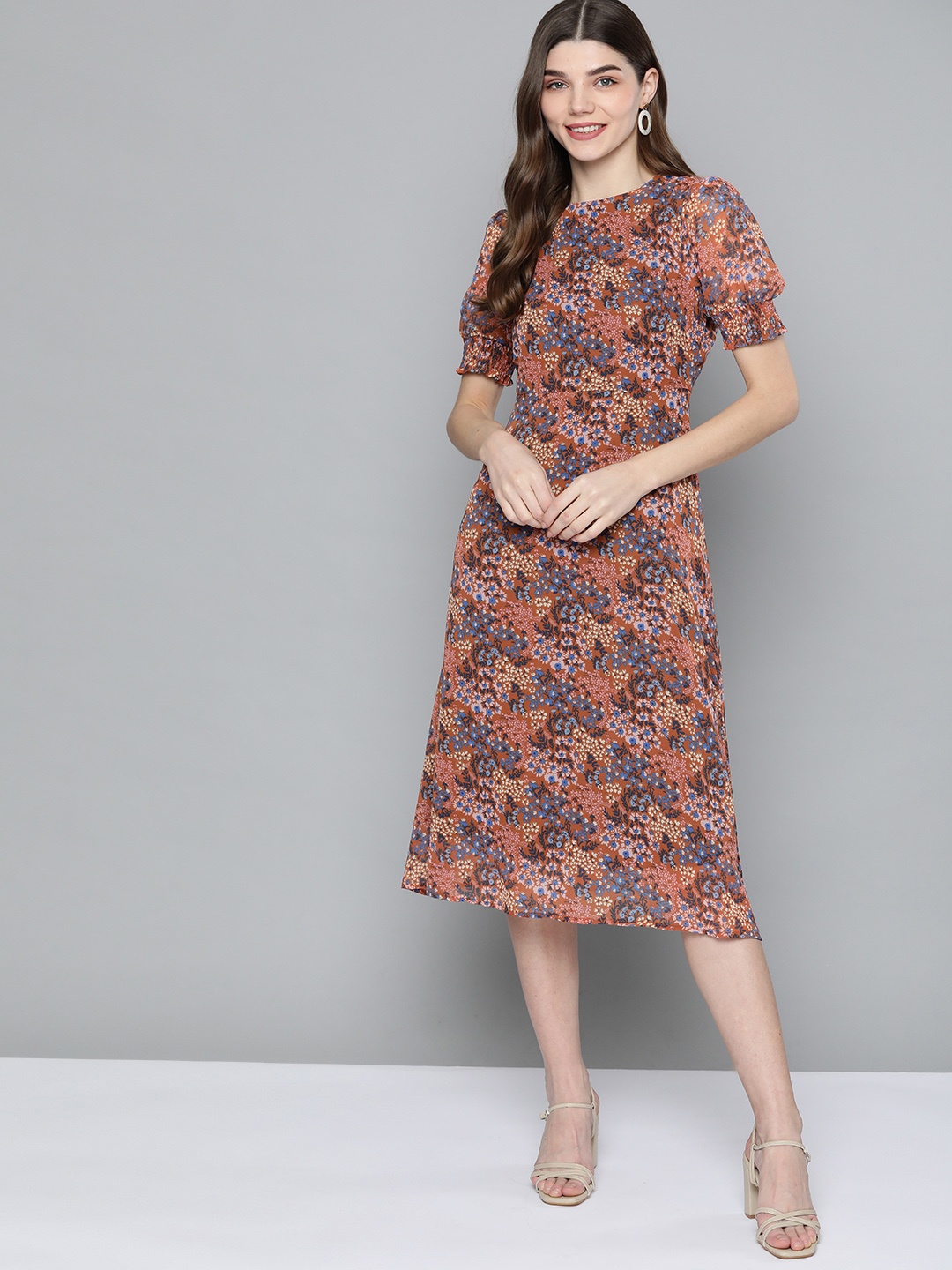 

Mast & Harbour Women Rust Brown & Blue Floral A-Line Midi Dress