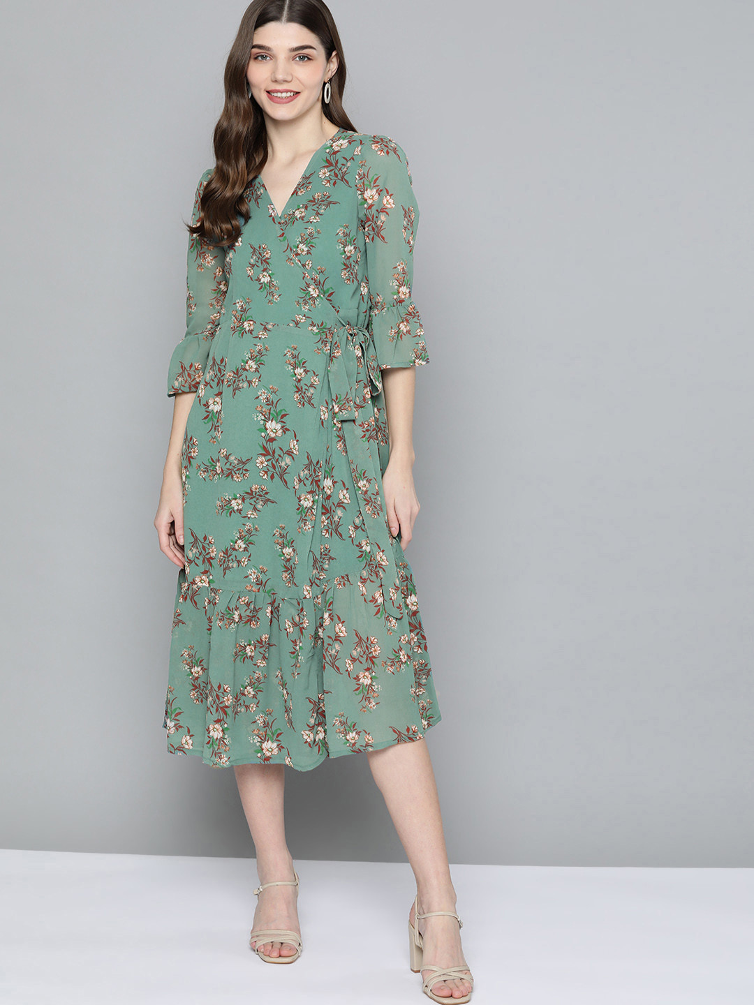 

Mast & Harbour Women Blue & Rust Red Floral Midi Wrap Dress