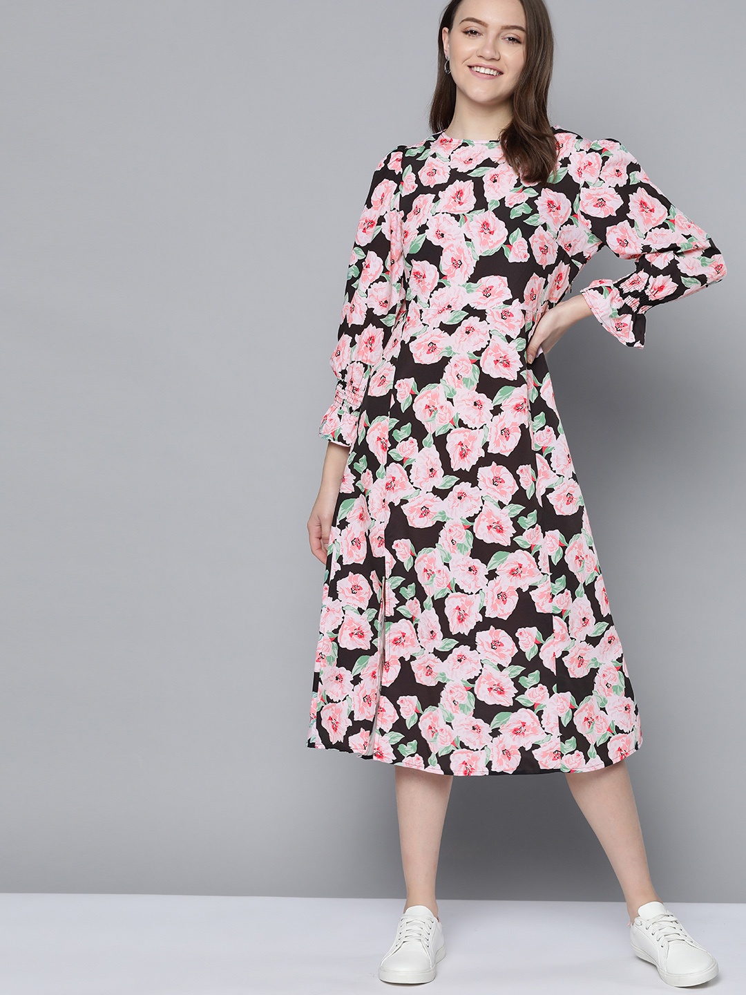 

Mast & Harbour Black & Pink Floral Print A-Line Midi Dress with Front Slit