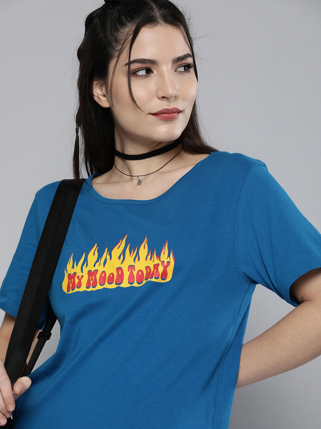 

HERE&NOW Women Blue & Yellow Typography Printed Pure Cotton Round Neck T-shirt