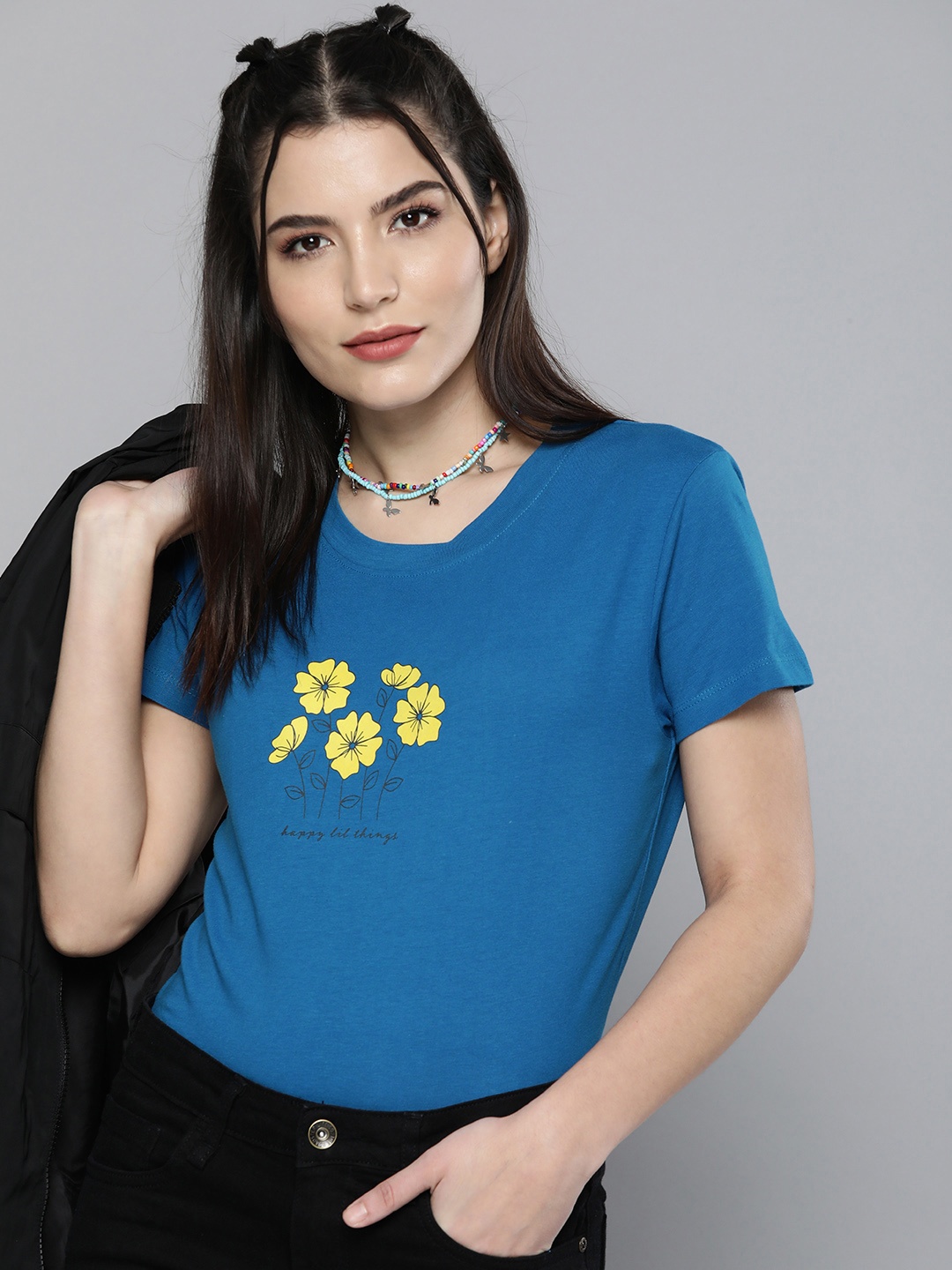 

HERE&NOW Women Blue & Yellow Floral Printed Round Neck Pure Cotton T-shirt