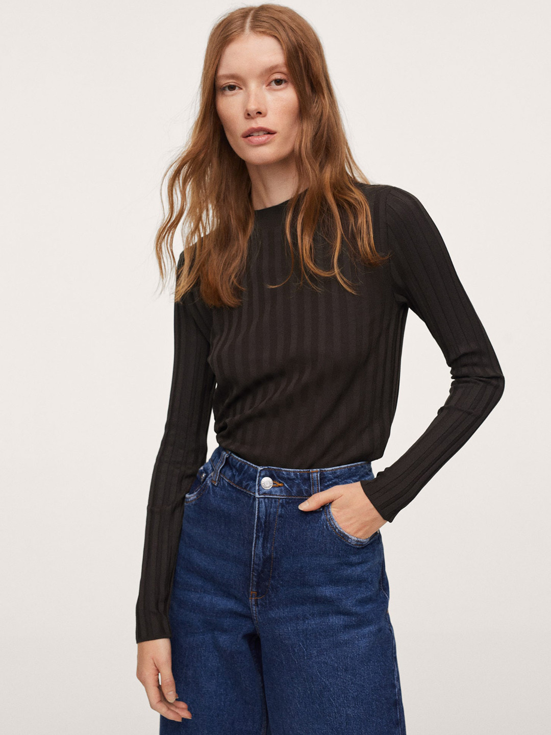 

MANGO Women Black Self-Striped SLITTER Pullover