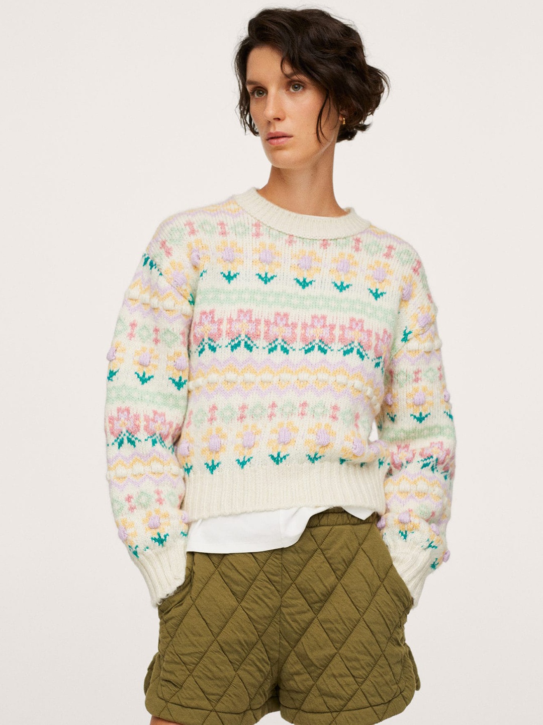 

MANGO Women Off White & Pink Fair Isle Pullover