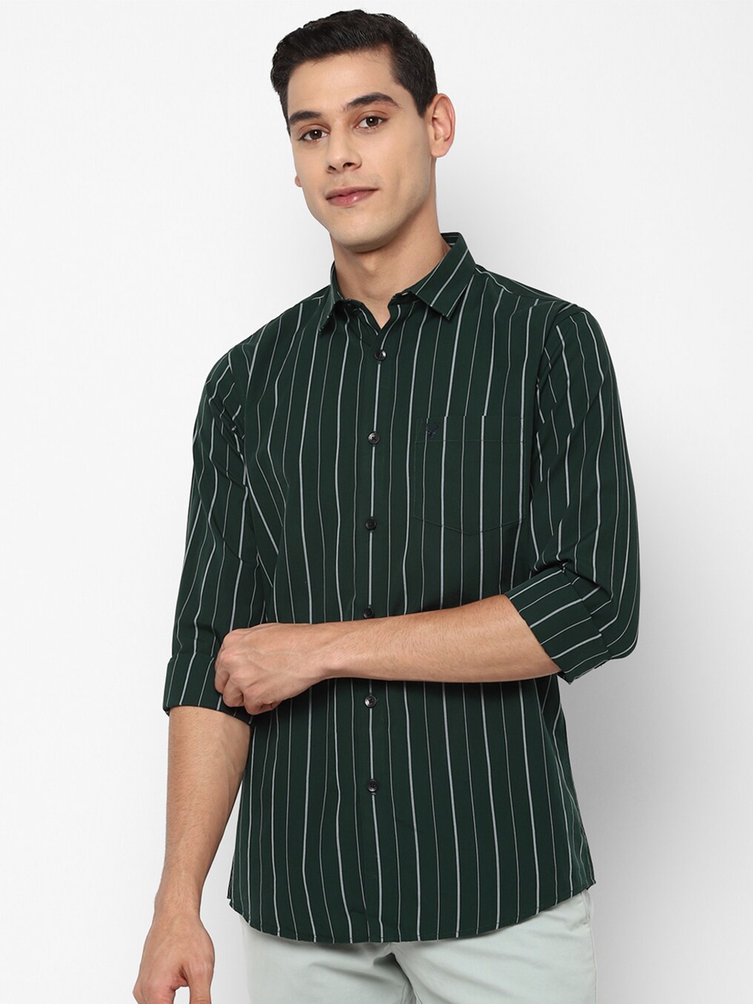 

Allen Solly Men Green Slim Fit Opaque Striped Pure Cotton Casual Shirt