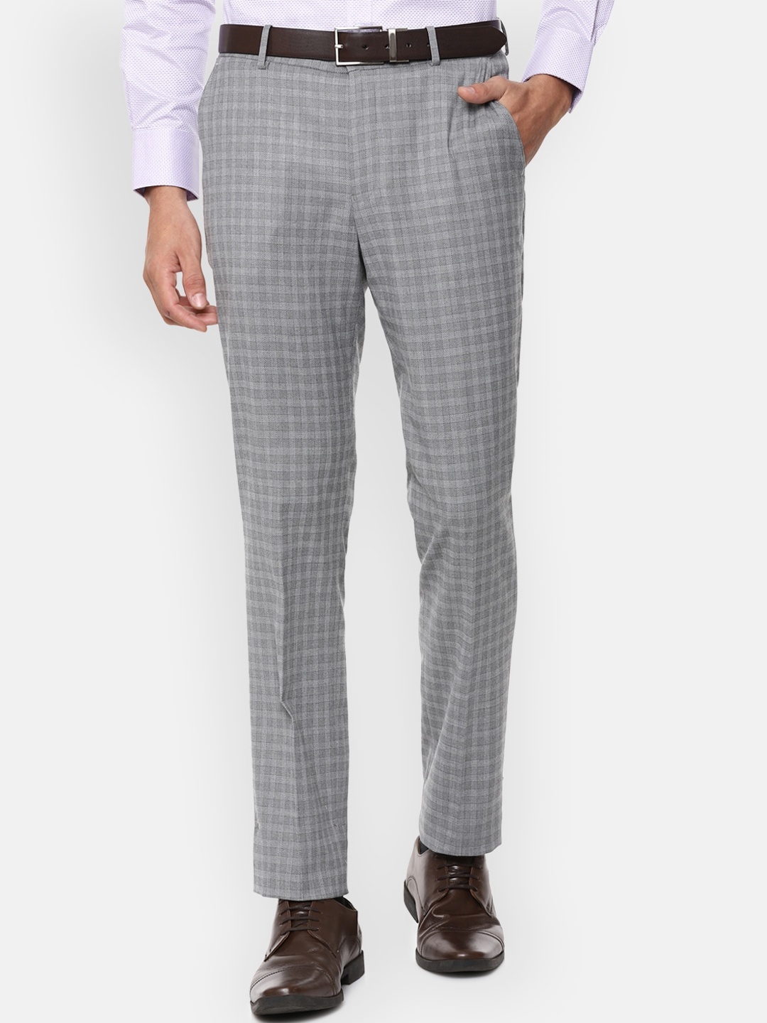 

Louis Philippe Men Grey Checked Slim Fit Formal Trousers