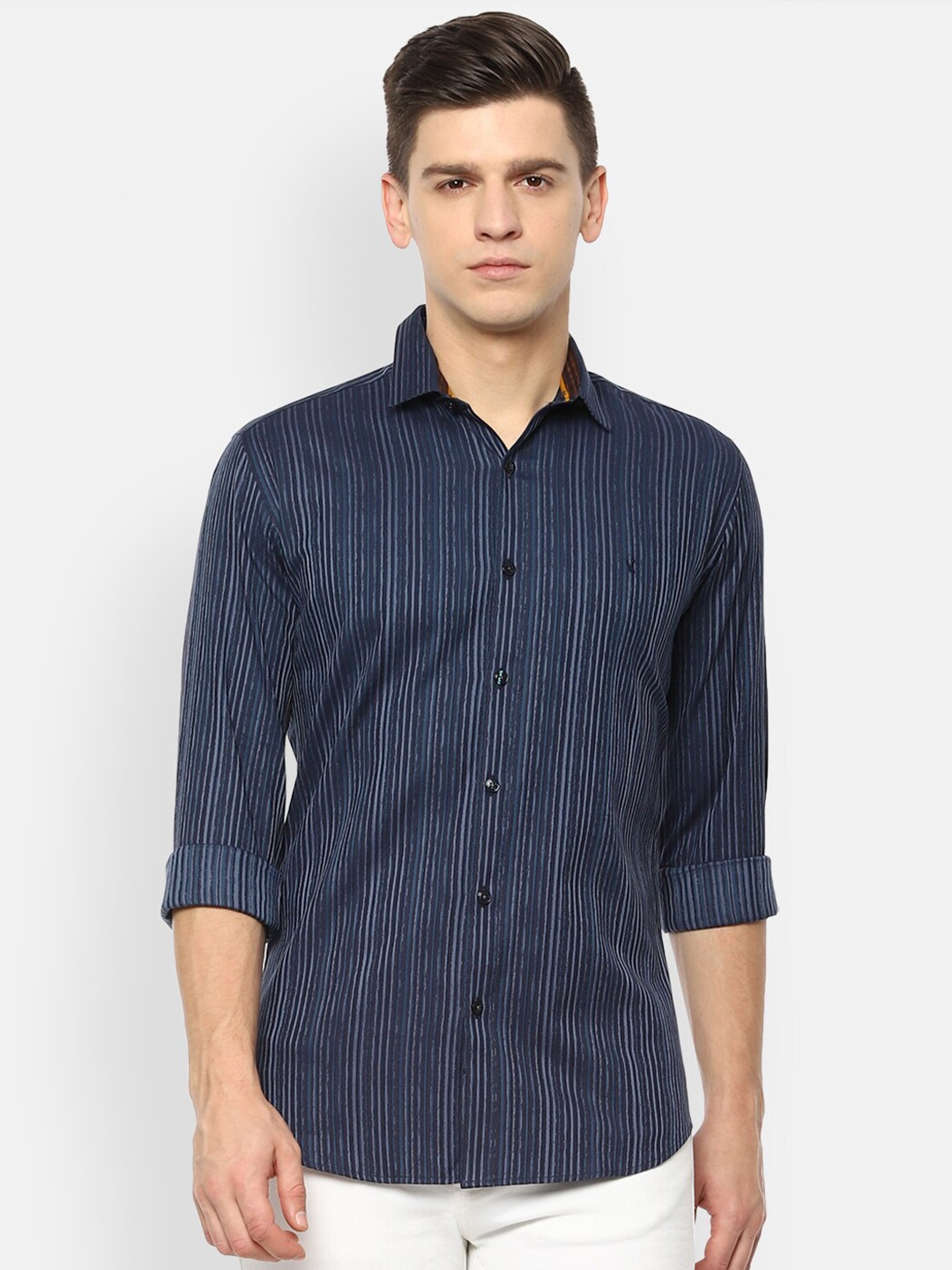 

V Dot Men Navy Blue Skinny Fit Opaque Striped Casual Shirt