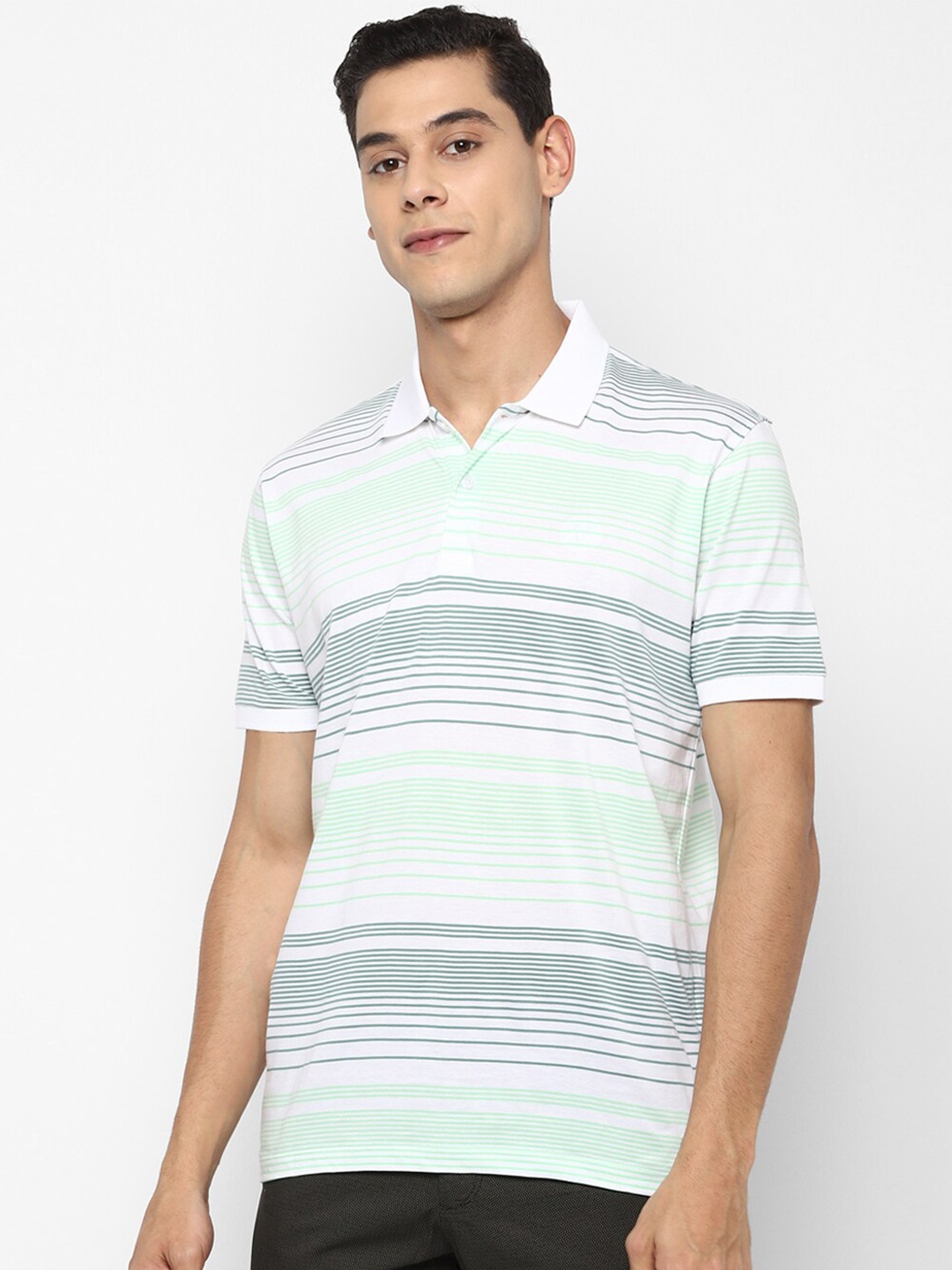 

Allen Solly Men White & Green Striped Pure Cotton Polo Collar T-shirt