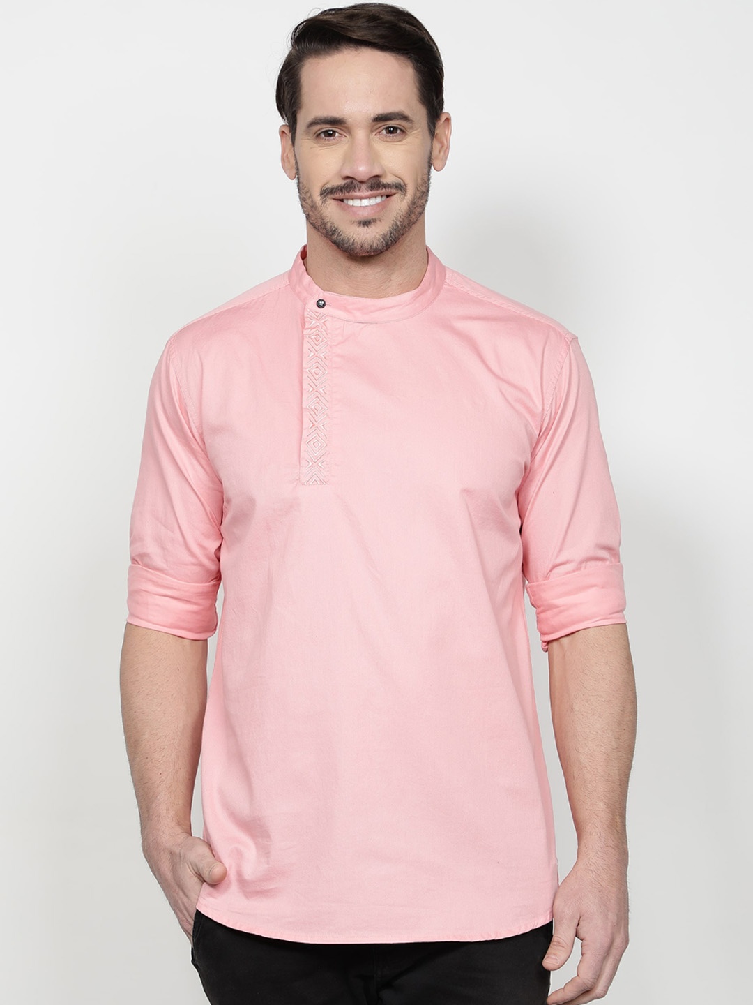 

Kuons Avenue Men Pink Cotton Embroidered Angrakha Kurta