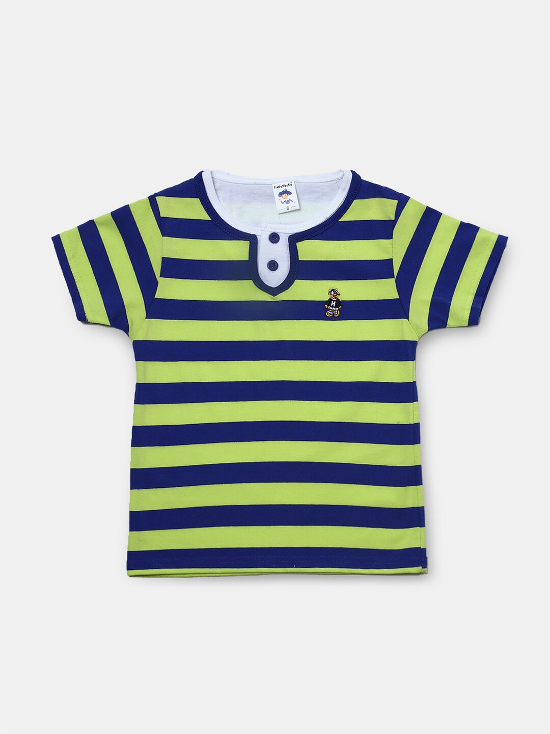 

Hopscotch Boys Navy Blue & Green Striped Cotton Henley Neck T-shirt