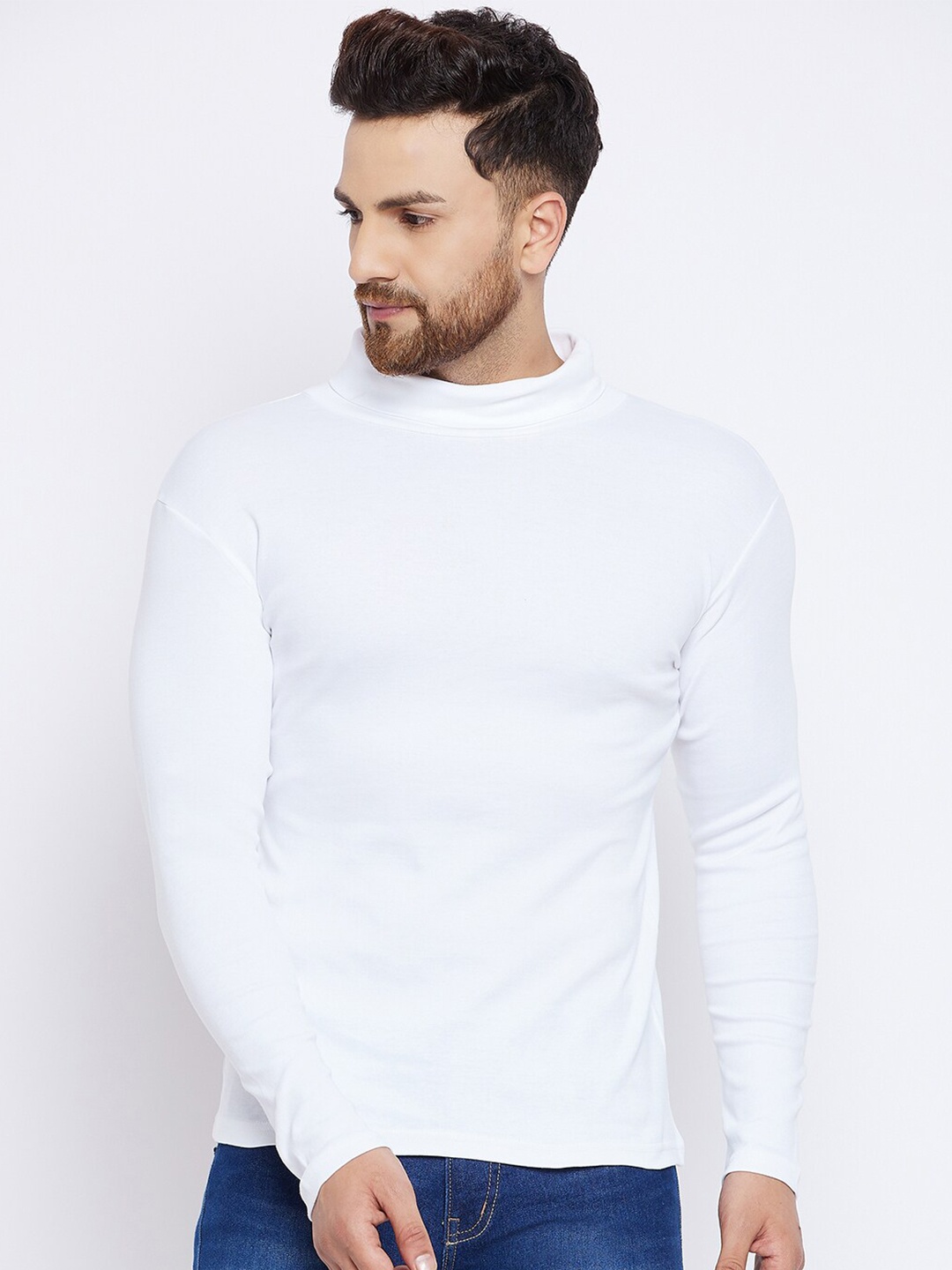 

Hypernation Men White High Neck Cotton T-shirt