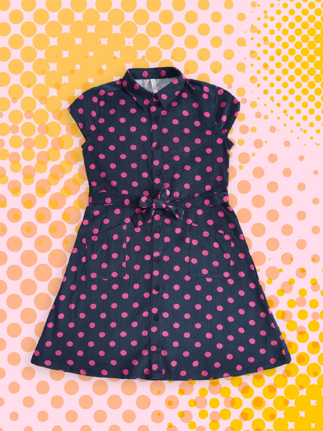 

Pantaloons Junior Girls Navy Blue & Pink Polka Dots Printed Pure Cotton Shirt Dress
