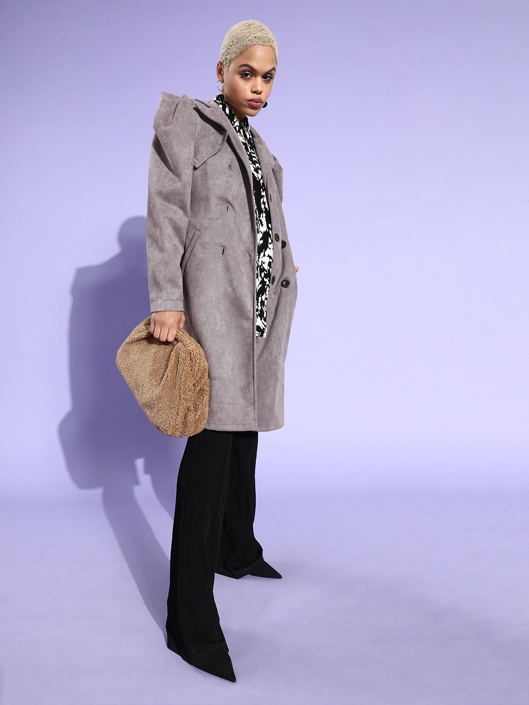 

Athena Women Grey Solid Knee Length Suede Trench Coat