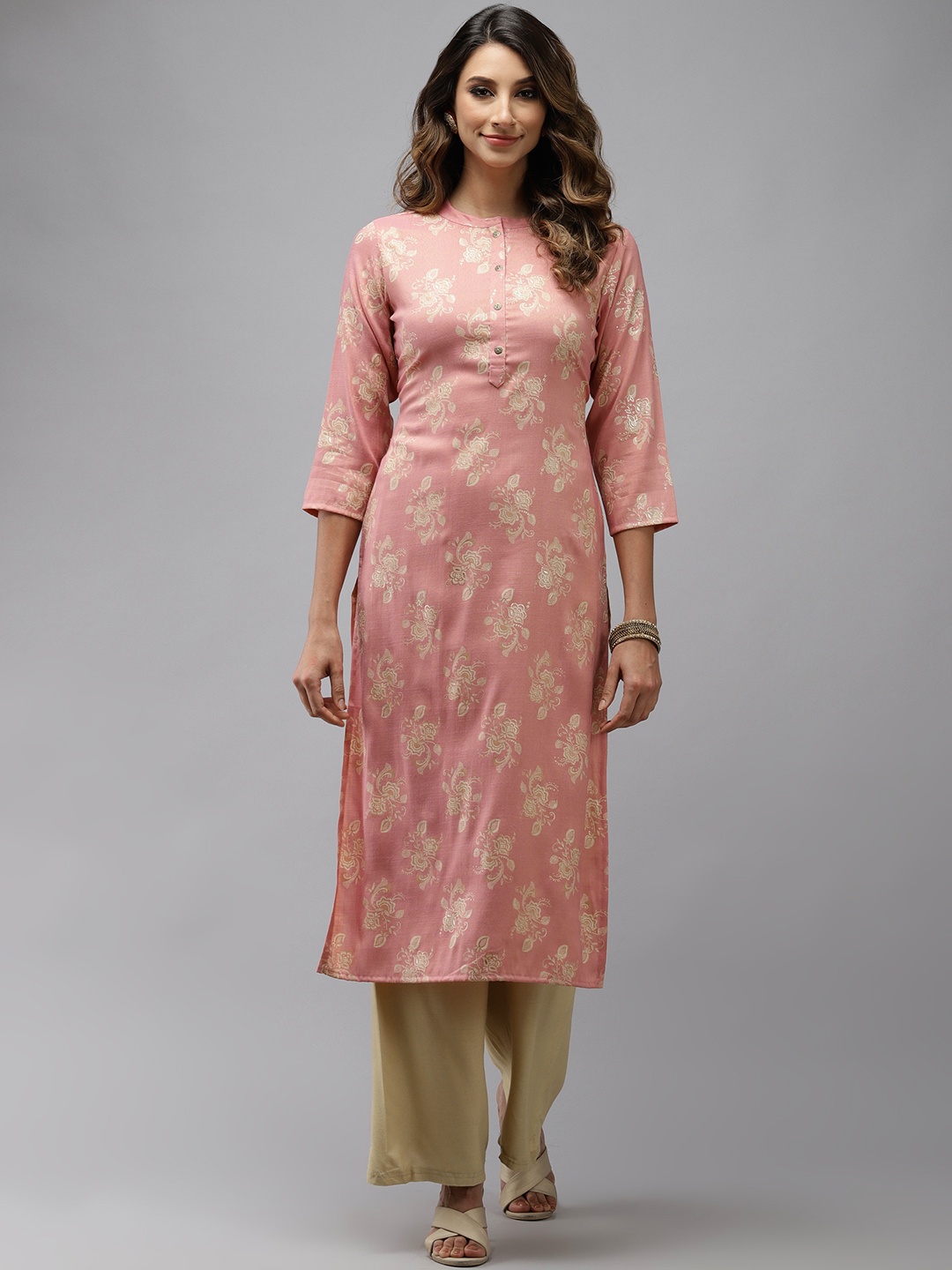 

Yufta Women Pink Floral Printed Foil Straight Kurta