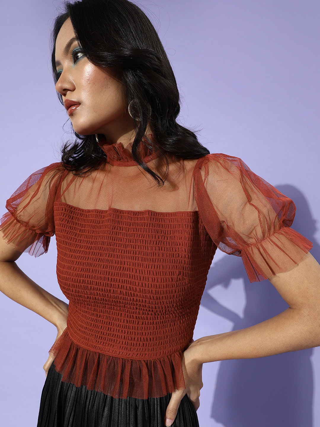 

plusS Women Rust Solid Smocked Top