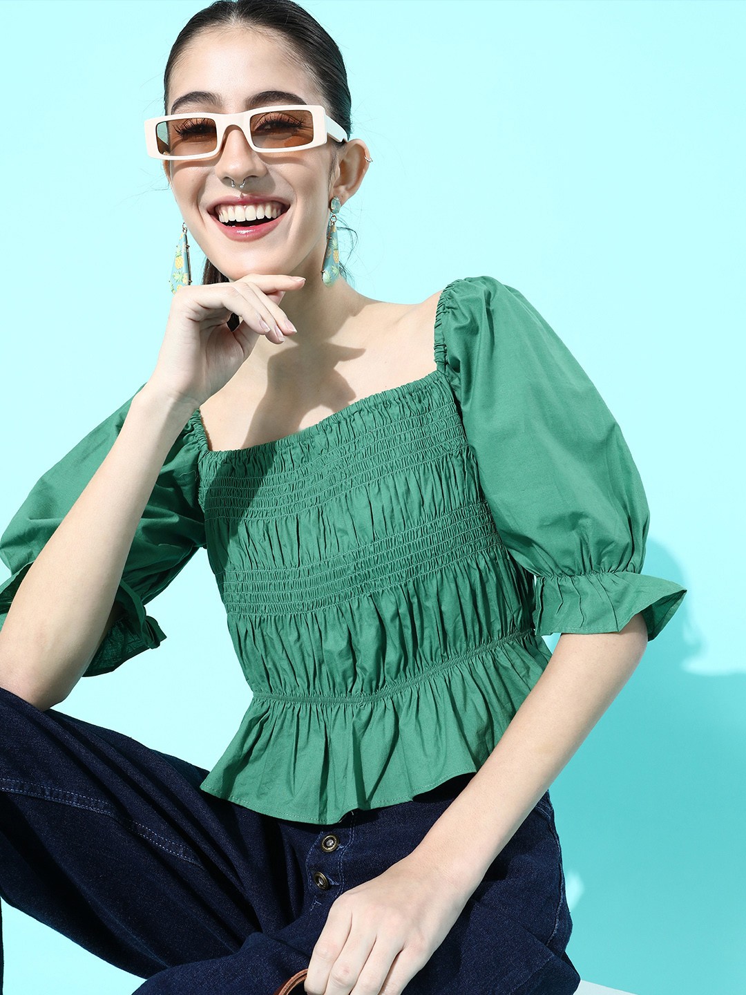 

plusS Women Sea-Green A-Line Pure Cotton Crop Top
