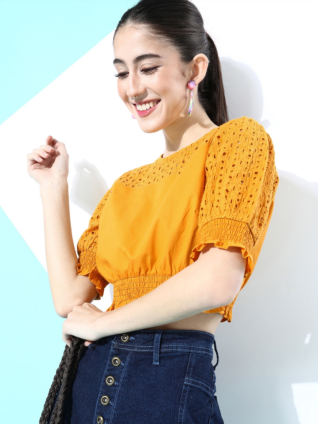 

plusS Women Mustard Yellow Pure Cotton Crop Top