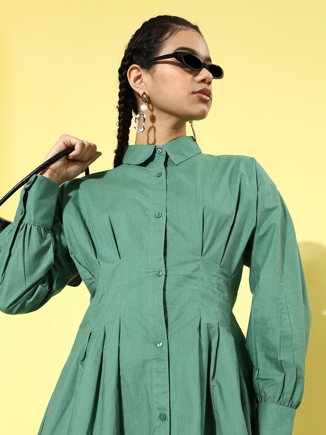 

plusS Women Sea Green Solid Shirt Dress