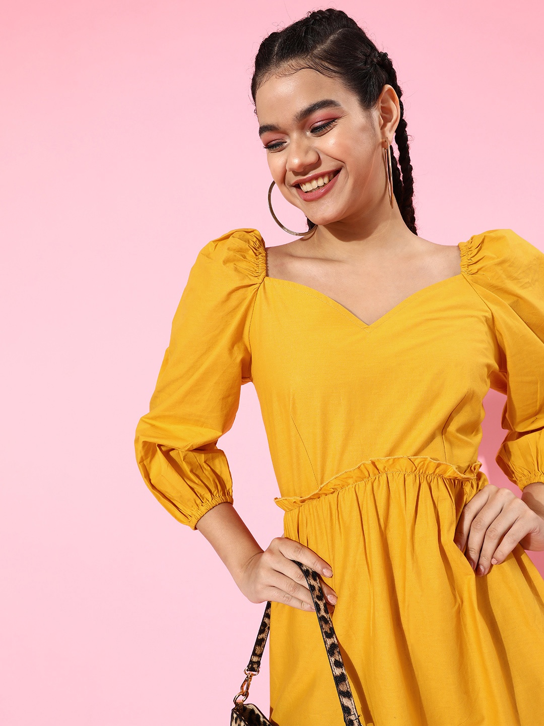 

plusS Women Mustard Yellow Solid Cotton Power Shoulder A-Line Dress