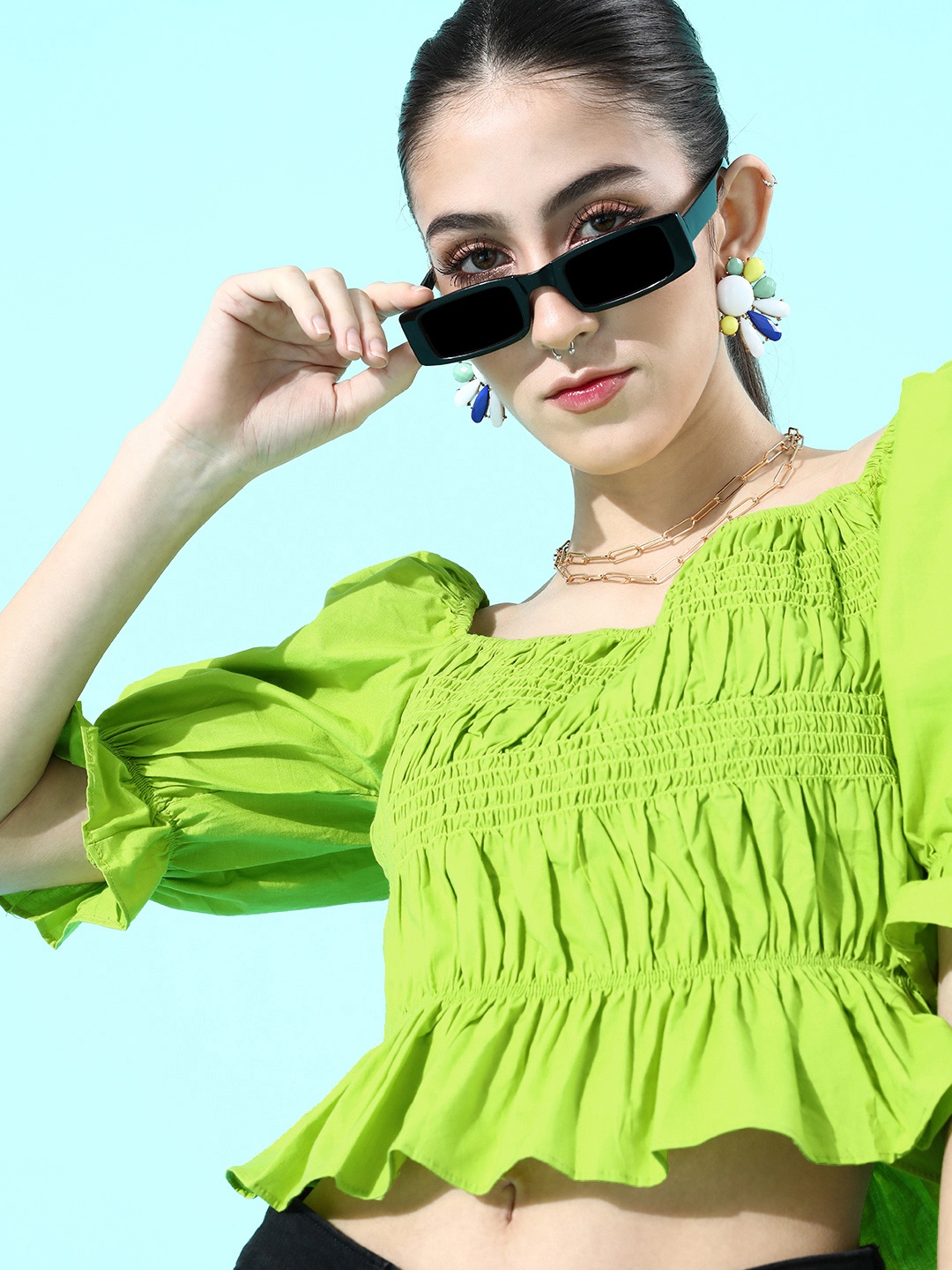 

plusS Women Green Bardot Pure Cotton Crop Top