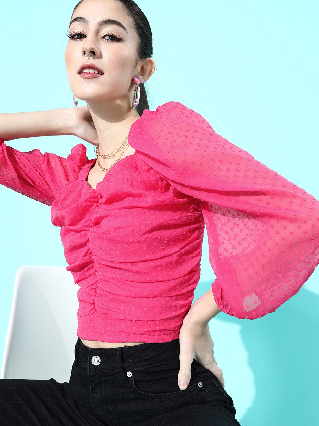 

plusS Women Pretty Pink Solid Dobby Weave Top