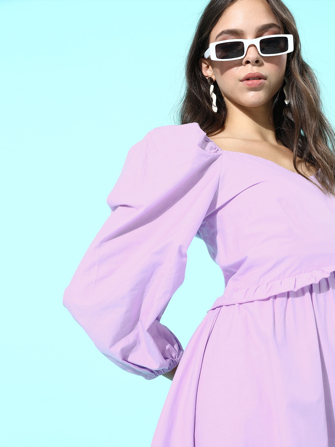 

plusS Women Elegant Lavender Solid Puff Sleeves Dress
