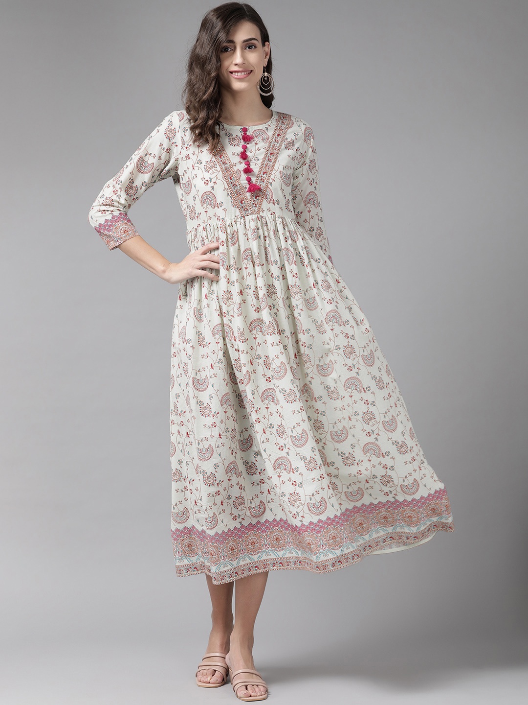 

Yufta Off White Floral Ethnic Maxi Dress