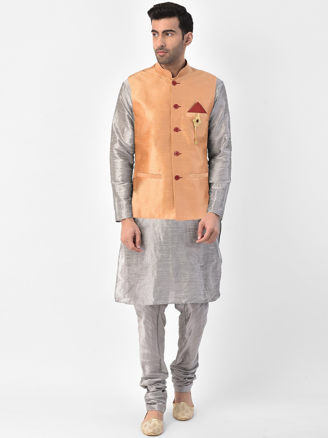 

SG LEMAN Men Orange Regular Raw Silk Kurta with Churidar With Nehru Jacket