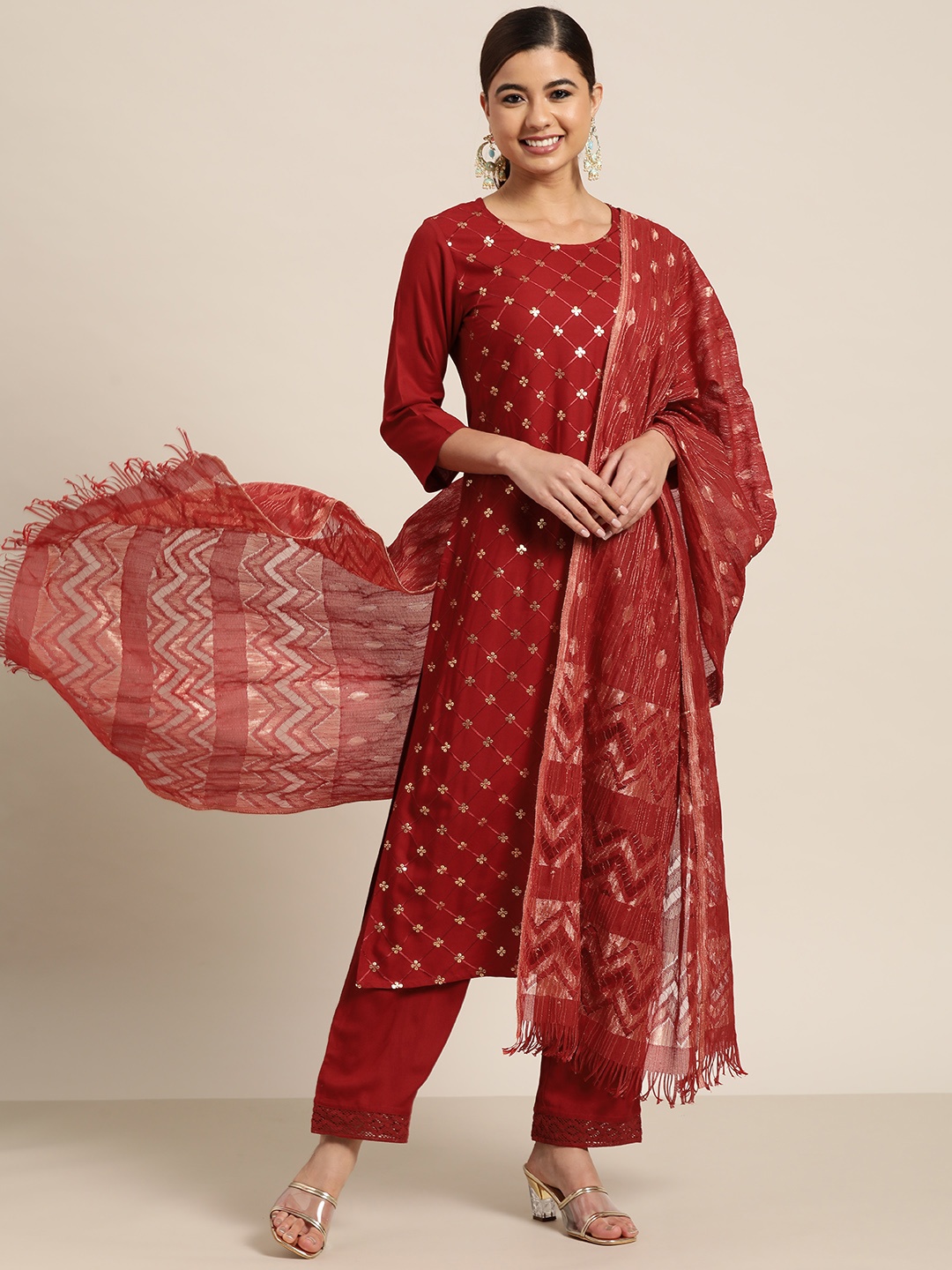 

Juniper Women Maroon Ethnic Motifs Embroidered Sequinned Kurta with Salwar & With Dupatta