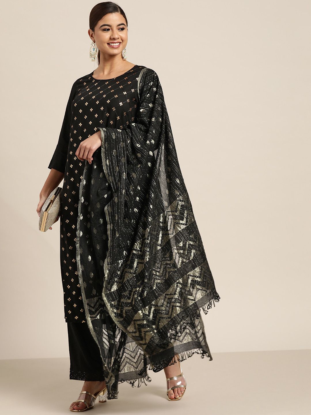 

Juniper Women Black Ethnic Motifs Embroidered Sequinned Kurta with Salwar & With Dupatta
