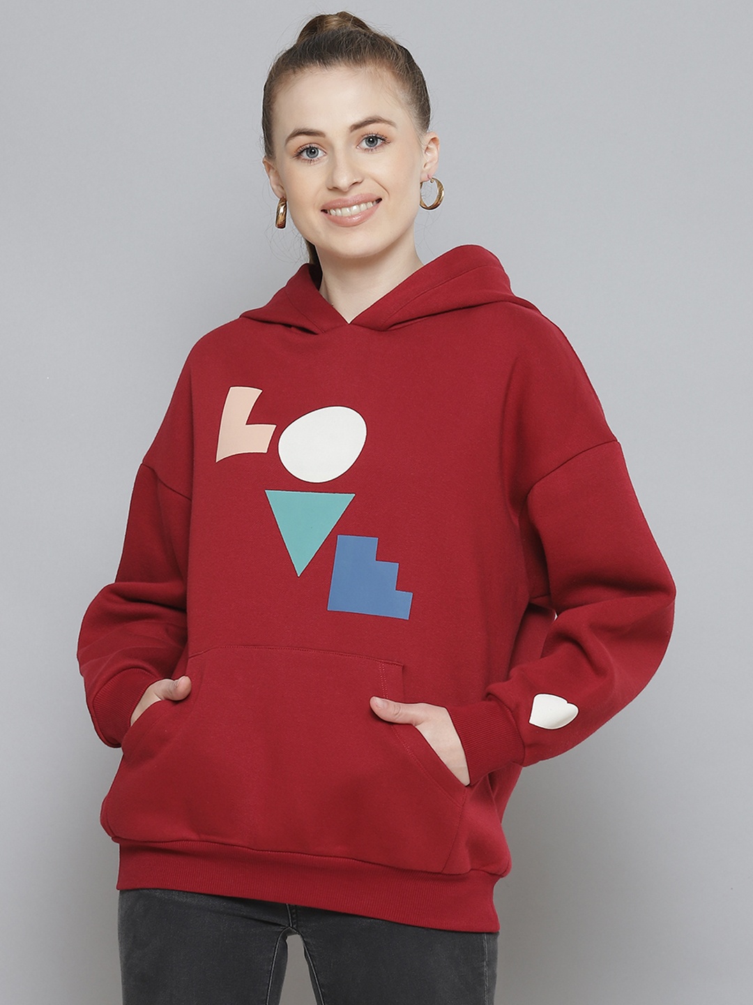

Femella Women Red Printed Oversized Fleece Hooded Sweatshirt