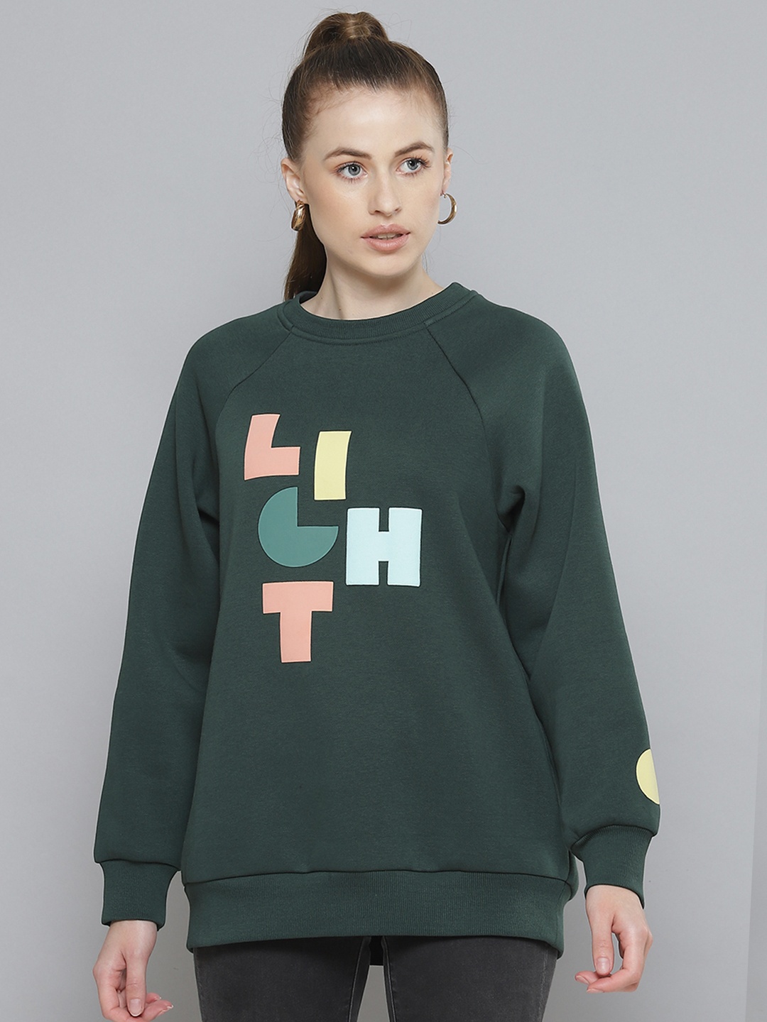 

Femella Women Green Fleece Printed Sweatshirt