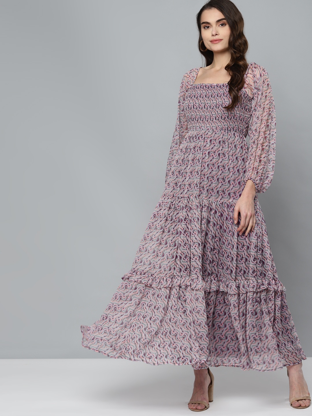 

Femella Purple & Grey Abstract Printed Smocked Maxi Dress