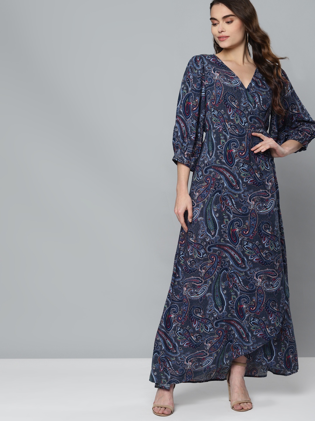 

Femella Navy Blue Ethnic Printed Motifs Ethnic Wrap Maxi Dress
